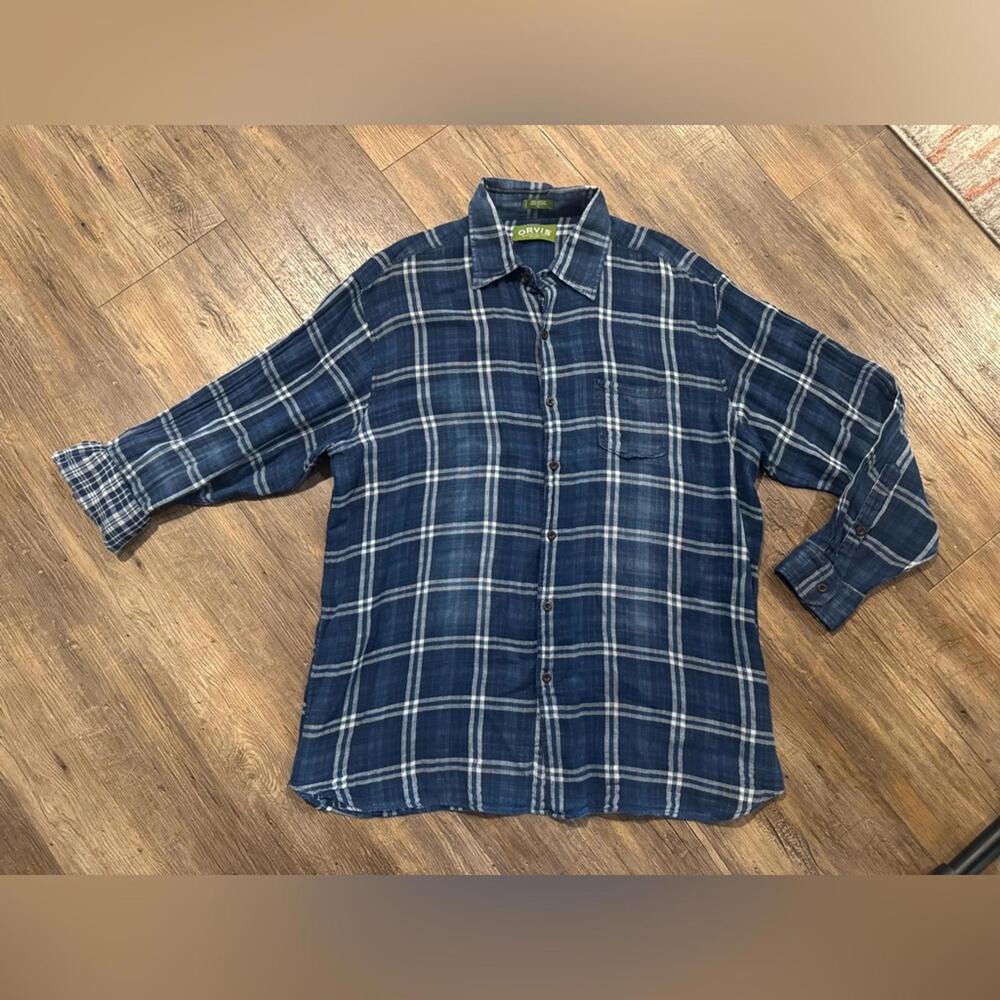 Orvis 100% Lightweight Cotton Blue Plaid Relaxed Button Down Shirt Sz XL